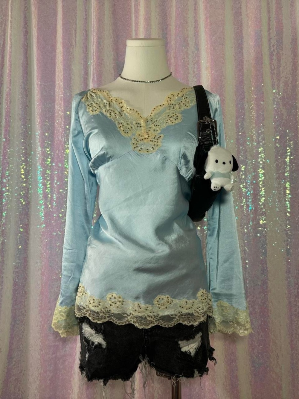 Glamour Angel Light Blue & Cream Satin Lace Slip Long Sleeve Top ★彡